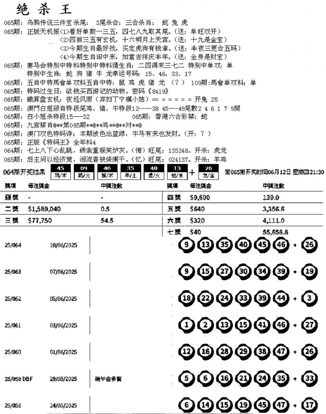 六合彩065期蓝天报B(黑白)