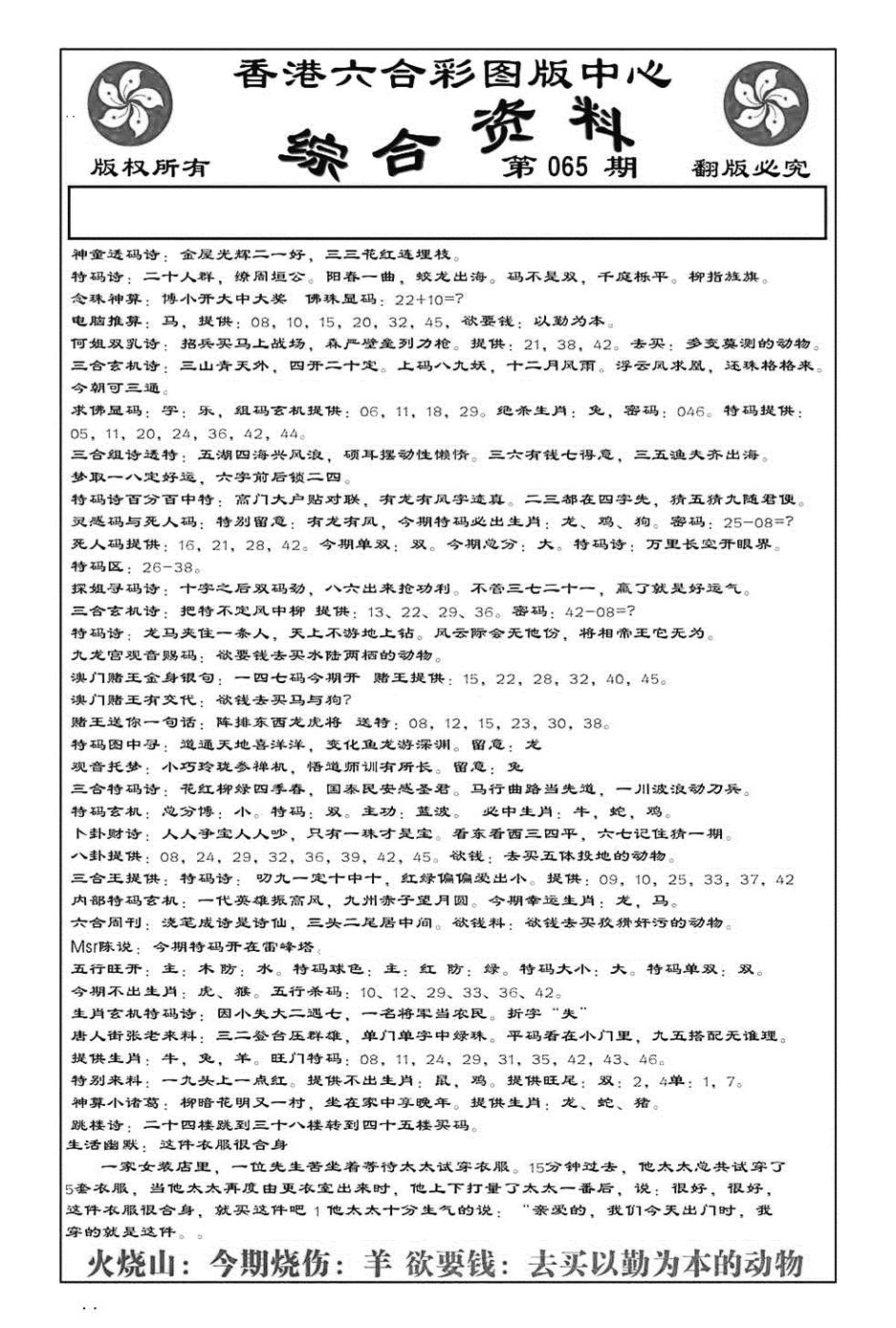 六合彩065期内部综合资料(特准)(黑白)