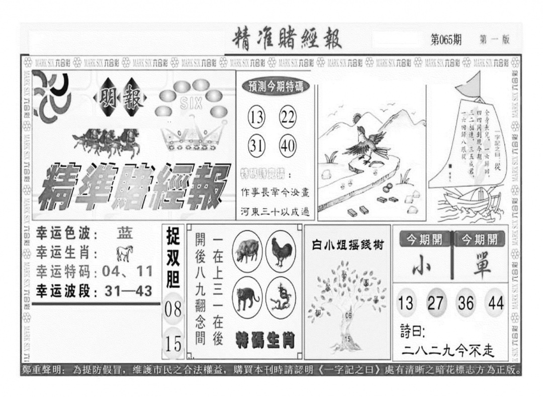 六合彩065期精准赌经报A（新图）(黑白)