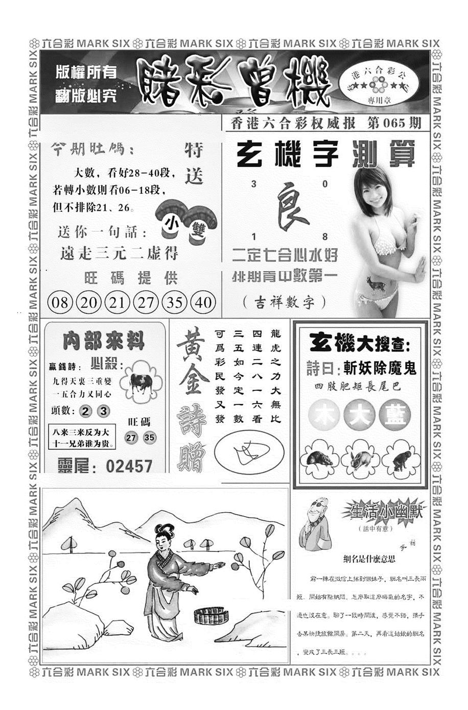 六合彩065期赌彩曾机（新图）(黑白)