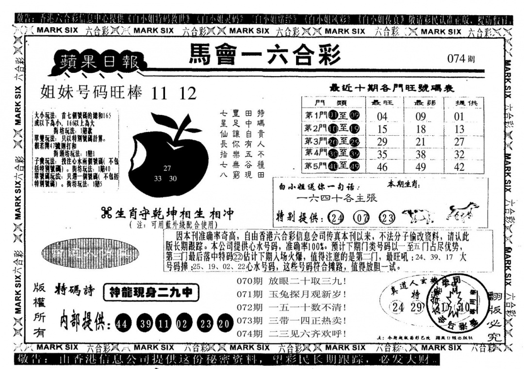 六合彩074期苹果日报(黑白)