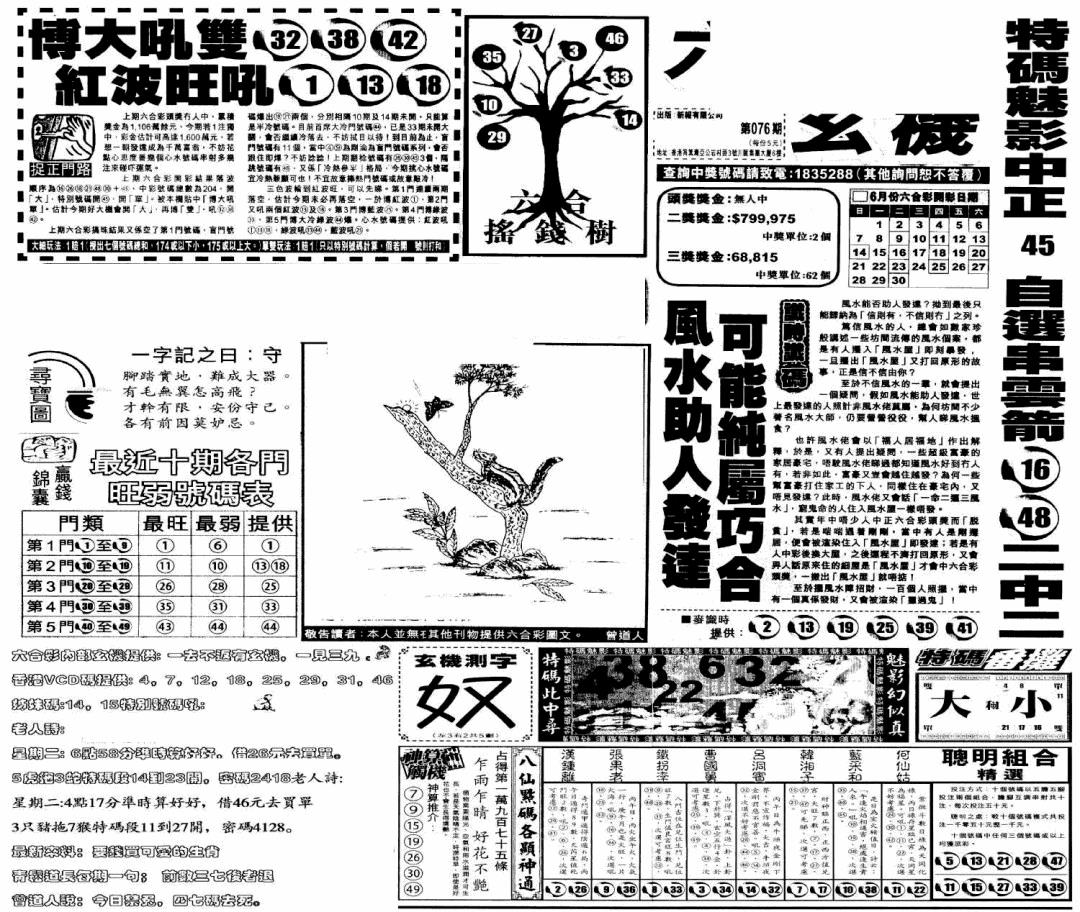 六合彩076期当日玄机(早)(黑白)