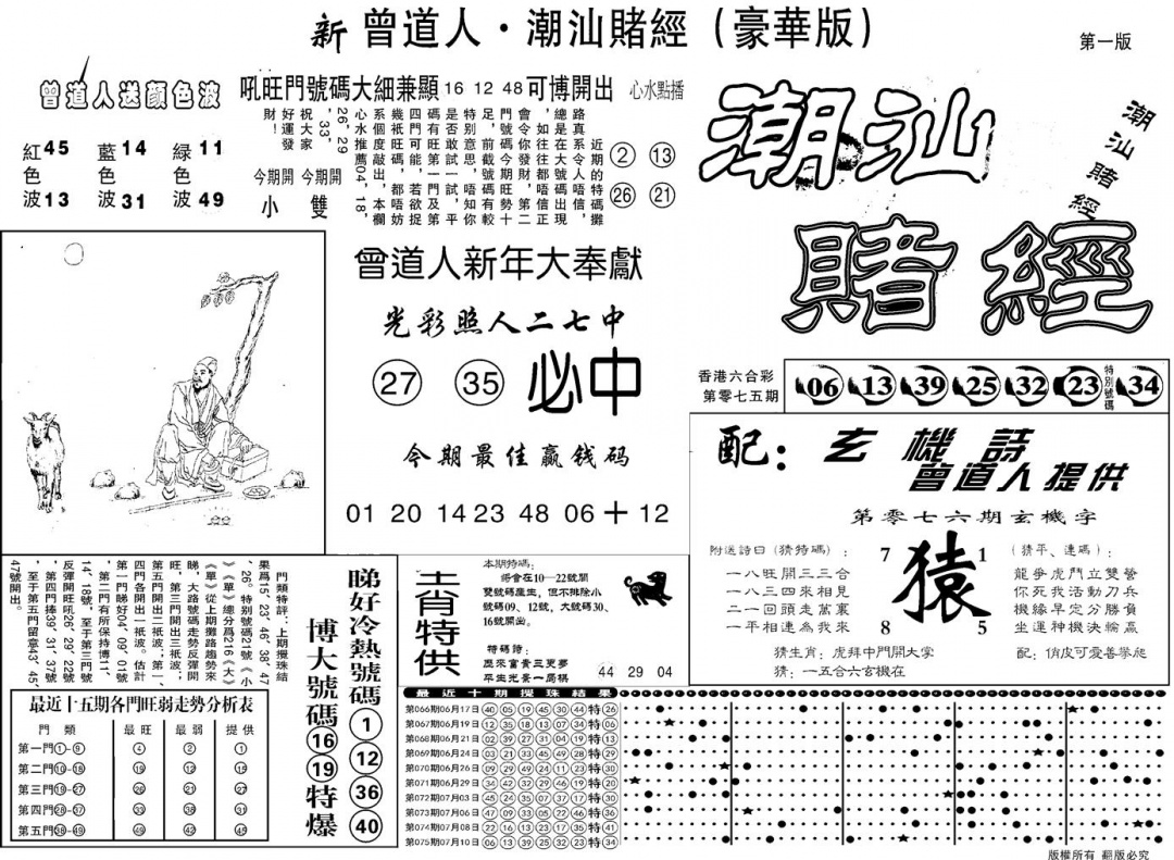 六合彩076期另潮汕赌经濠华版A(黑白)