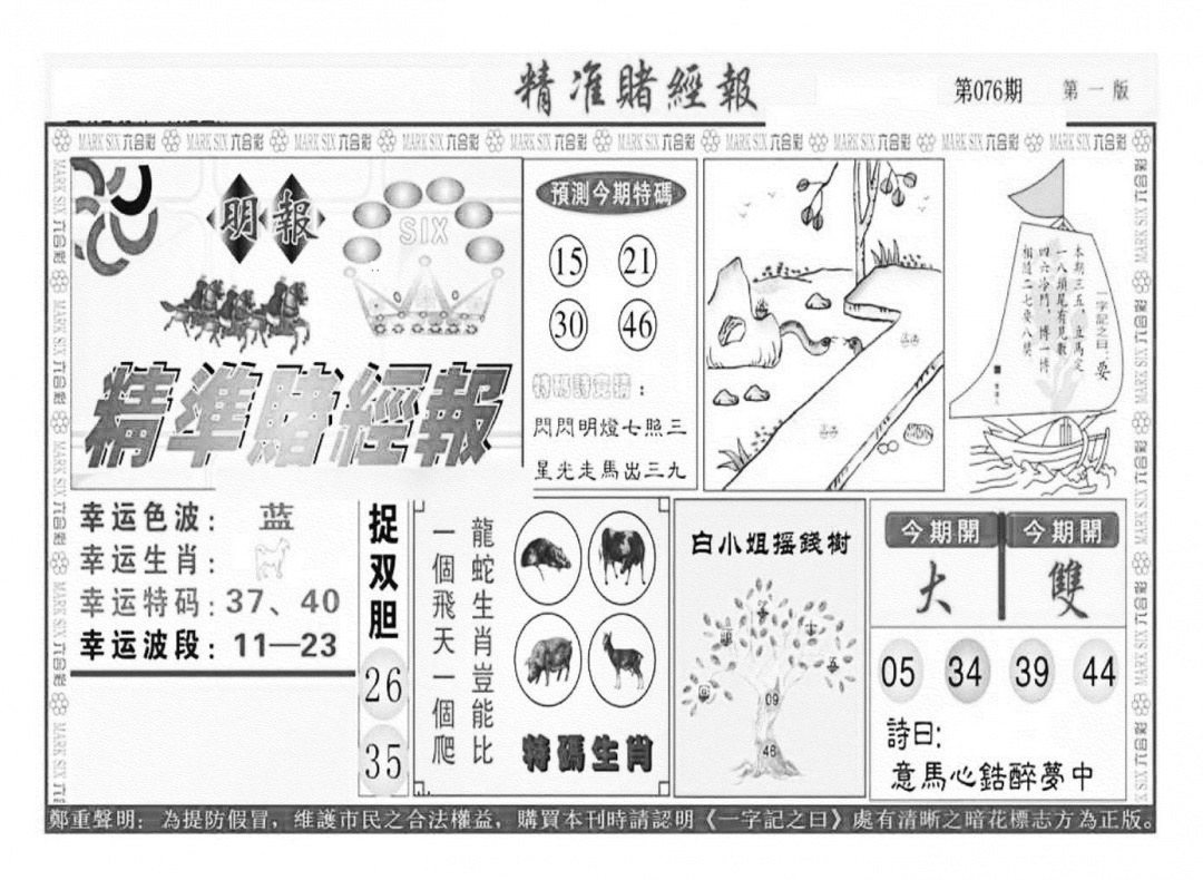 六合彩076期精准赌经报A（新图）(黑白)