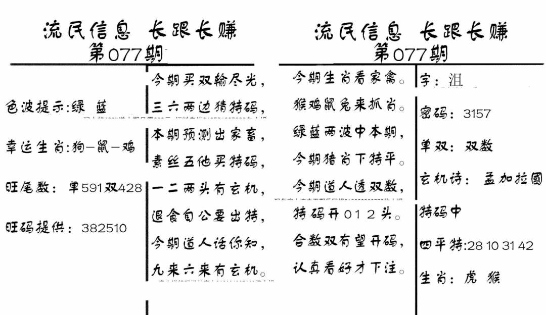 六合彩077期流民信息(黑白)