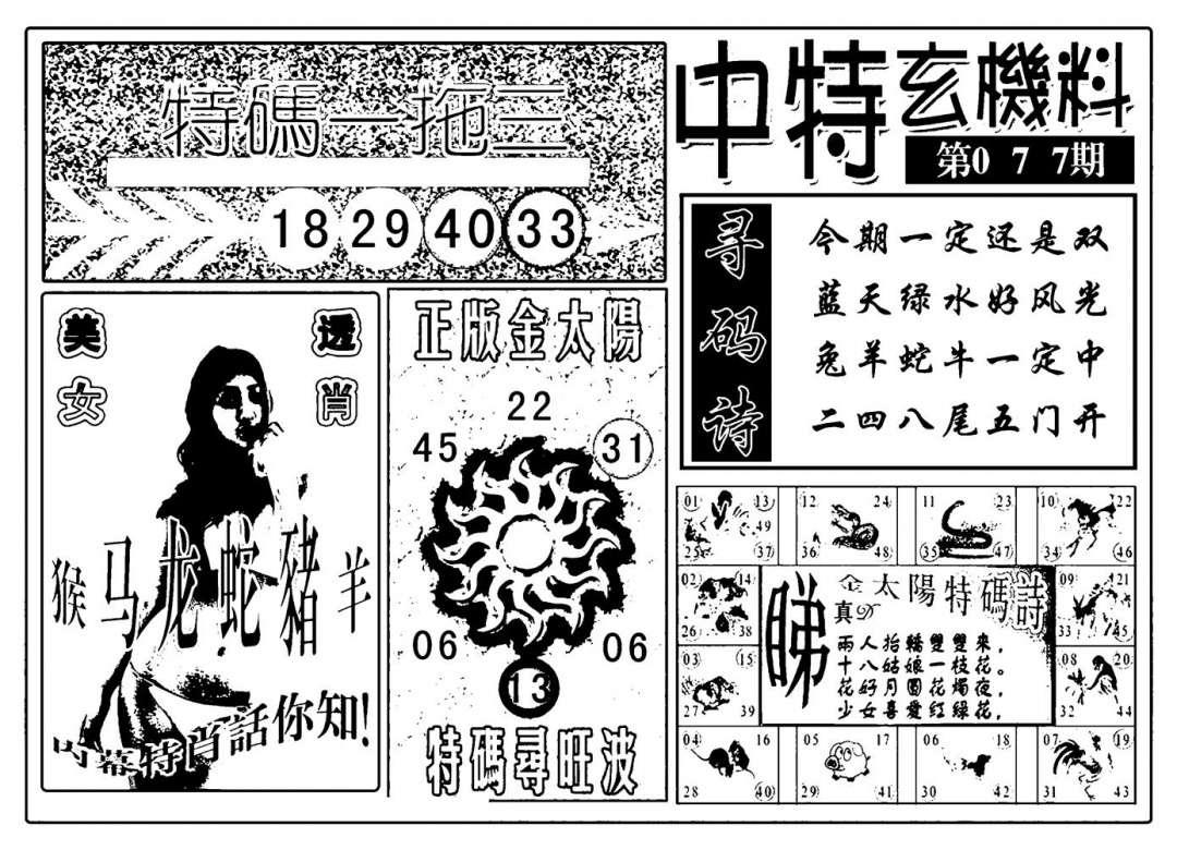 六合彩077期中特玄机料(新图)(黑白)