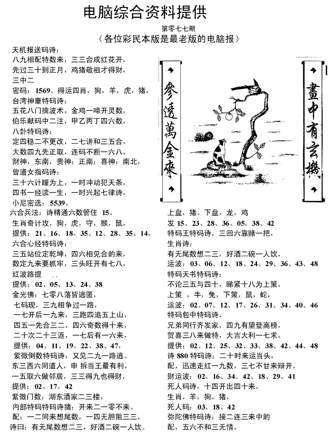六合彩077期当日电脑综合资料C(黑白)