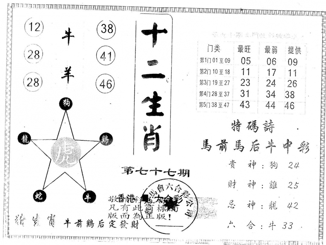 六合彩077期另版十二生肖(黑白)