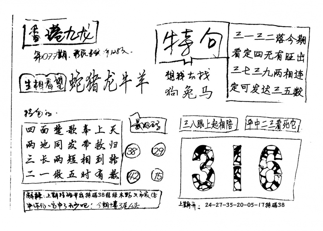 六合彩077期香港九龙(新图)手写(黑白)