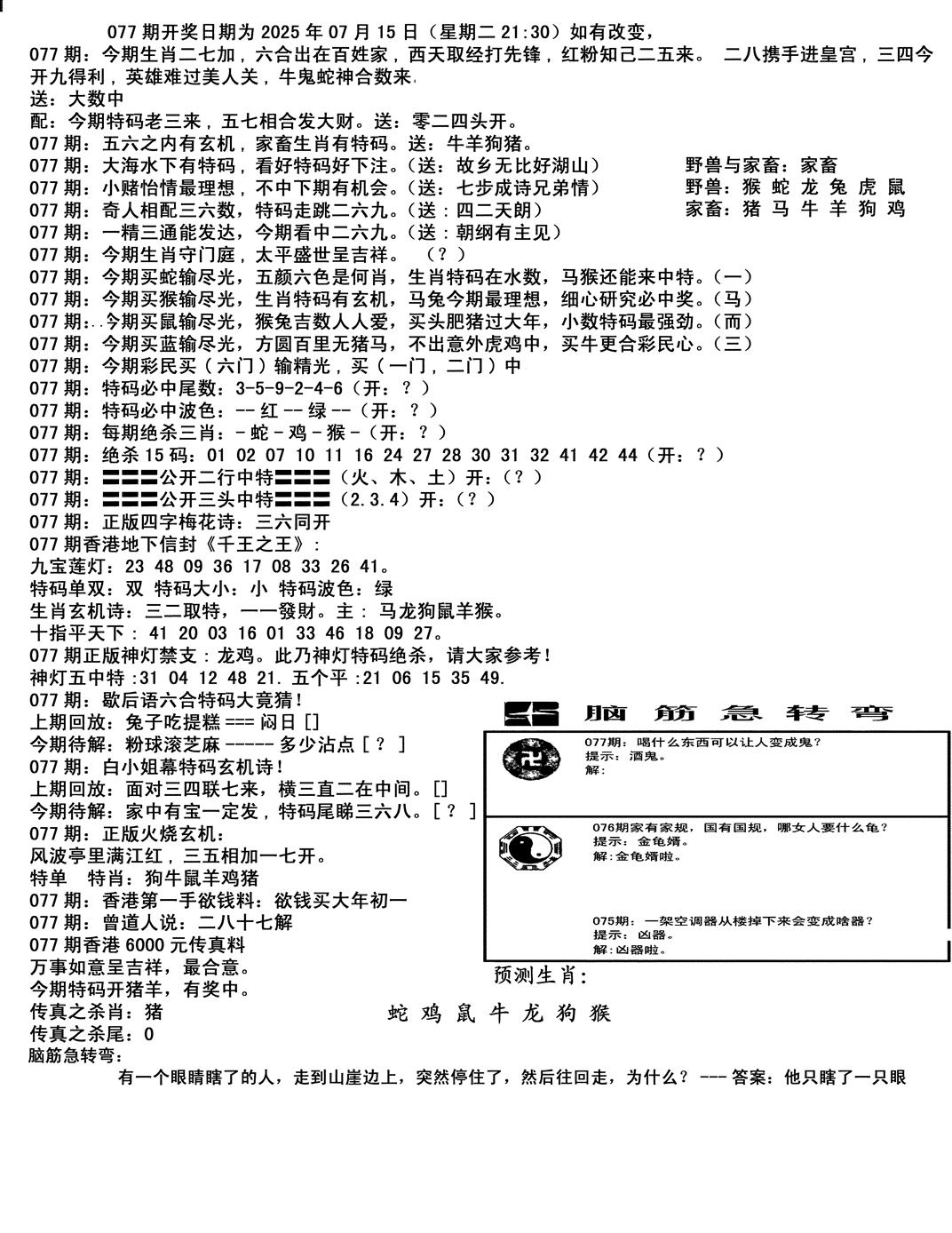 六合彩077期马会小综合(黑白)