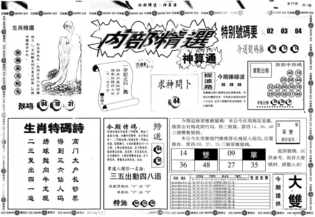 六合彩077期另版内部精选A(黑白)