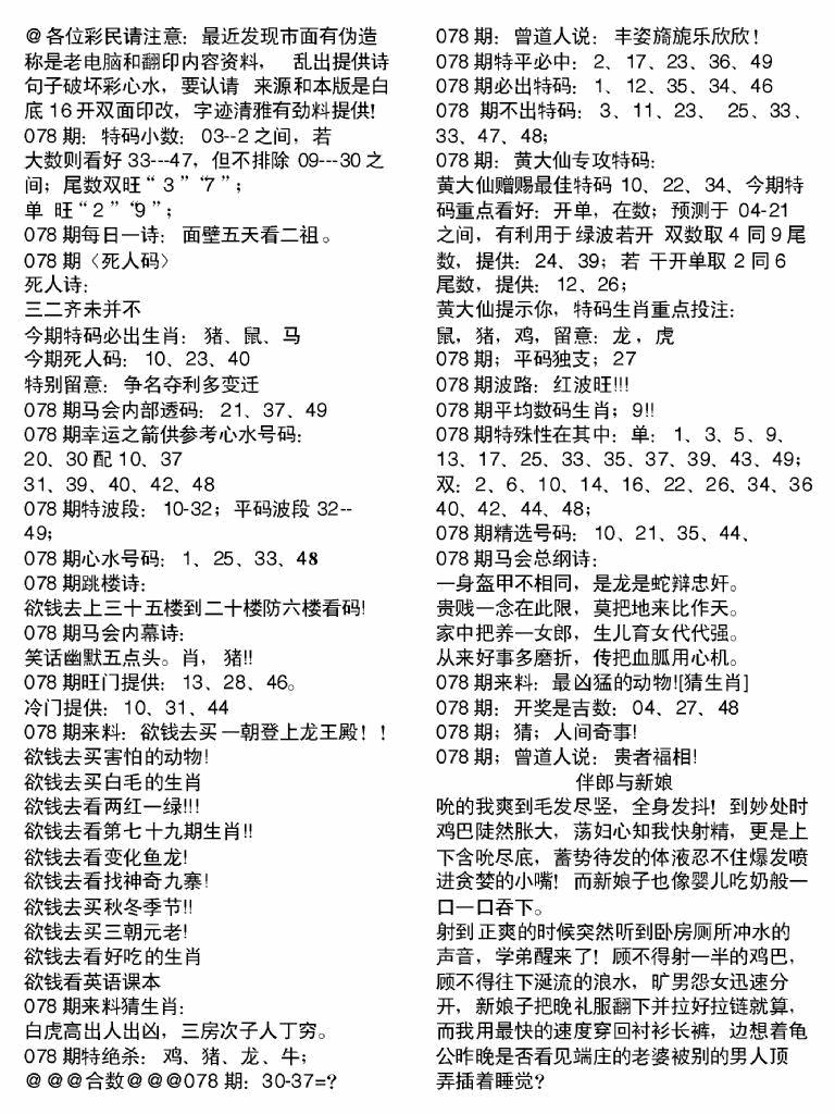 六合彩078期当日电脑综合资料B(黑白)