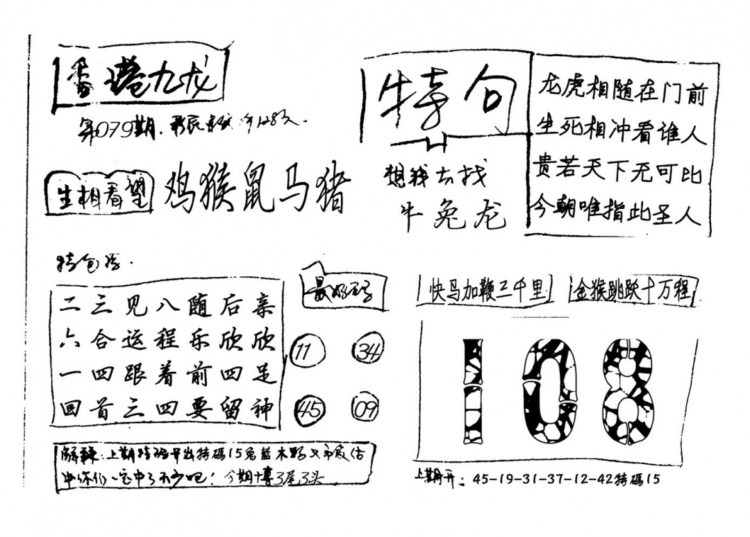 六合彩079期香港九龙(新图)手写(黑白)