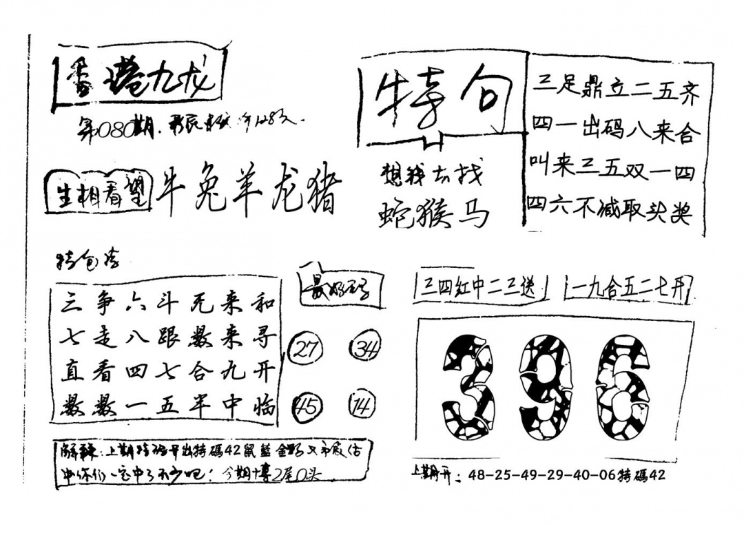 六合彩080期香港九龙(新图)手写(黑白)