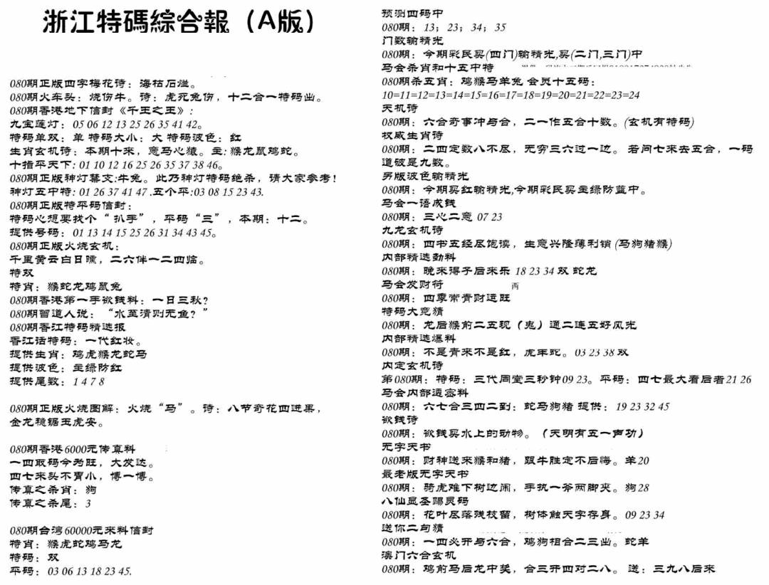 六合彩080期浙江特码综合报A(黑白)