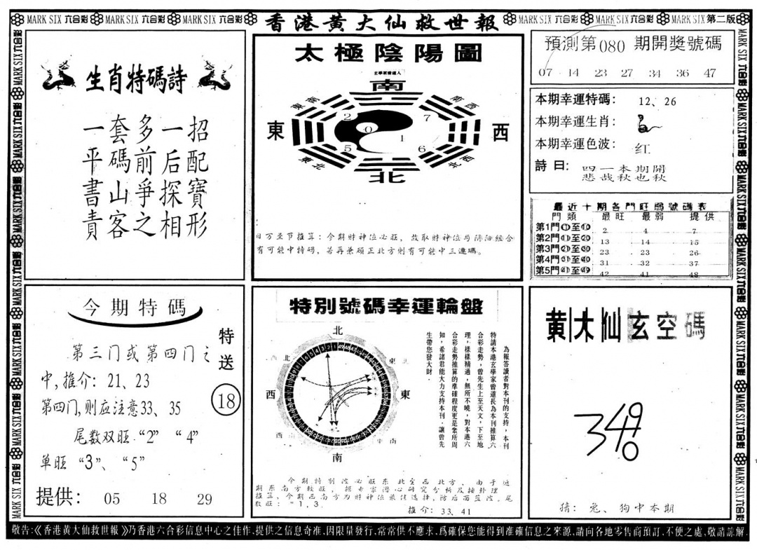 六合彩080期另版香港黄大仙B(黑白)