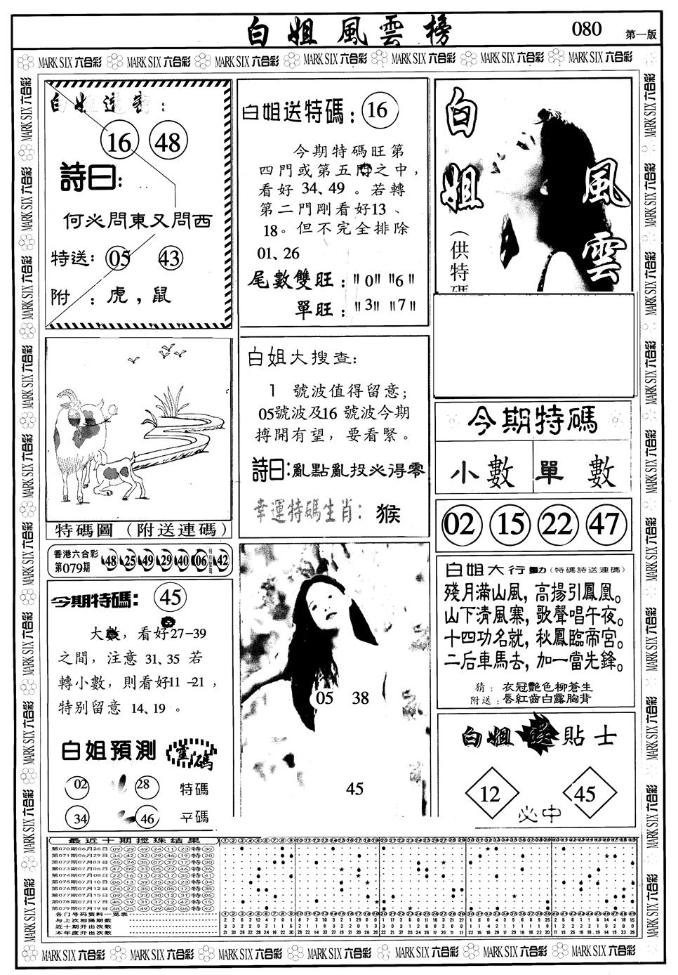 六合彩080期另版白姐风云榜A(黑白)