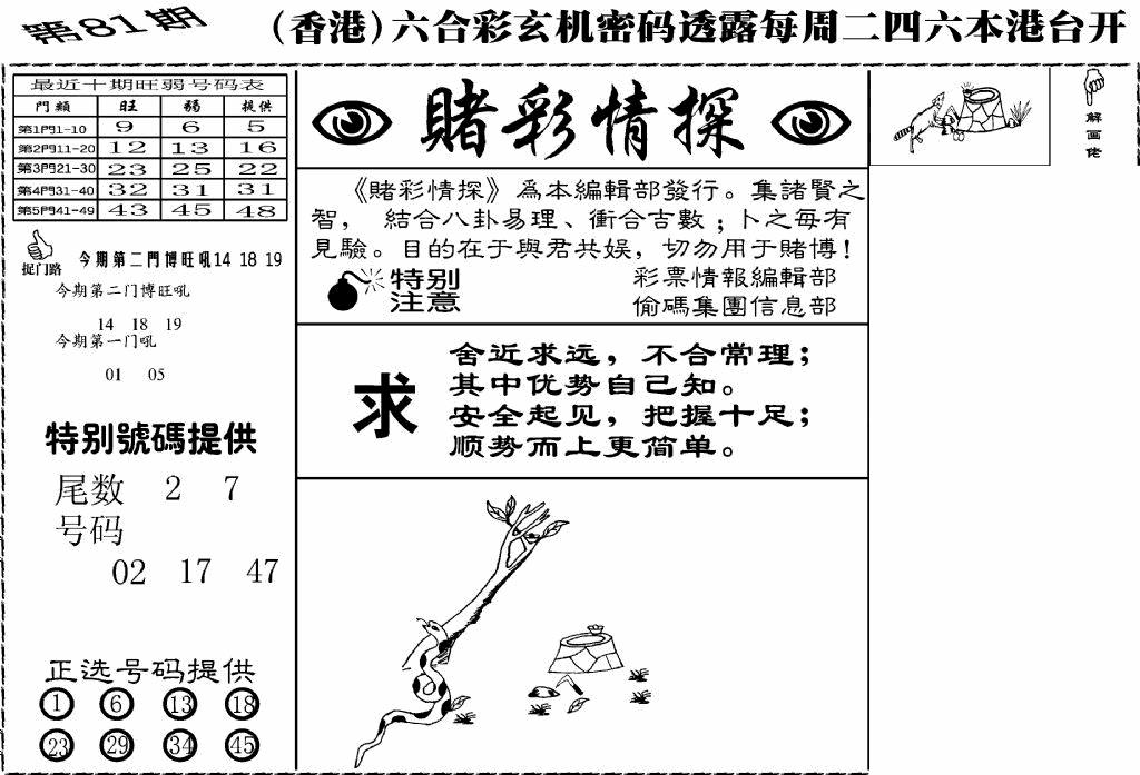 六合彩081期老版赌彩情探(黑白)