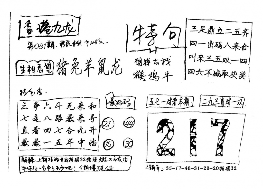 六合彩081期香港九龙(新图)手写(黑白)