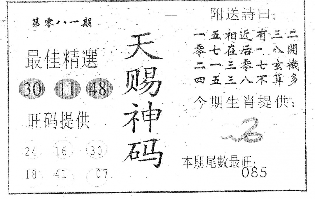 六合彩081期天赐神码(黑白)