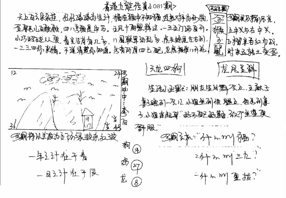 六合彩081期手写九龙内幕(早图)(黑白)