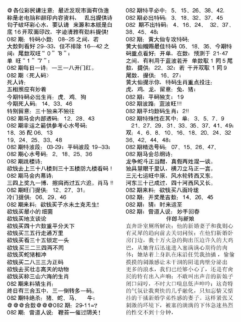 六合彩082期当日电脑综合资料B(黑白)