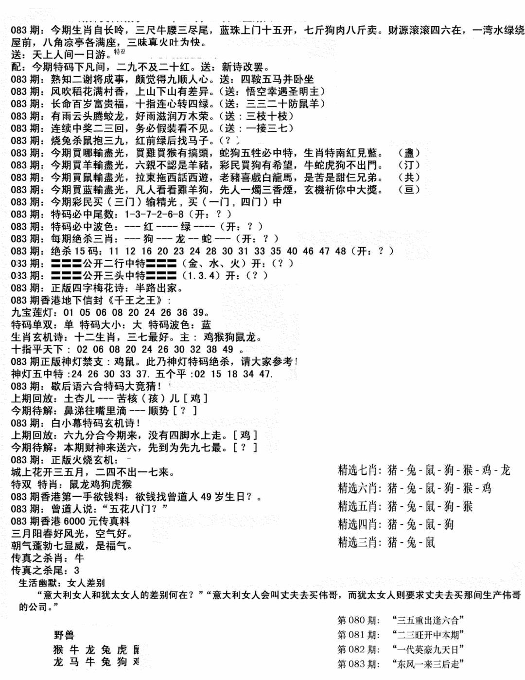 六合彩083期独家正版福利传真(新料)B(黑白)