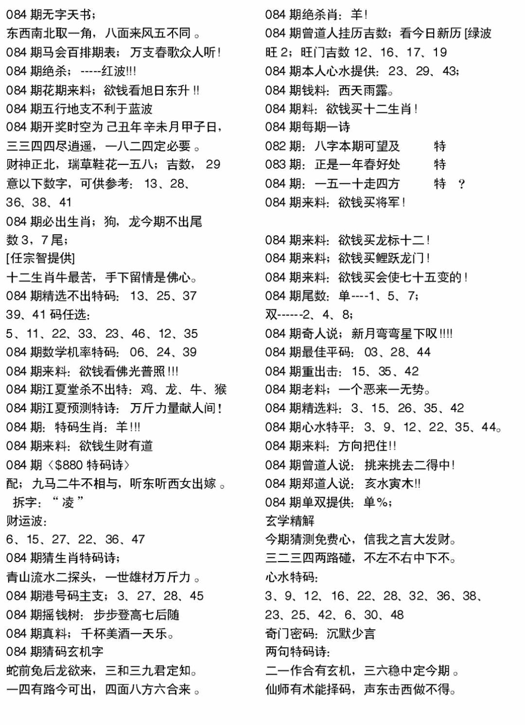 六合彩084期当日电脑综合资料A(黑白)