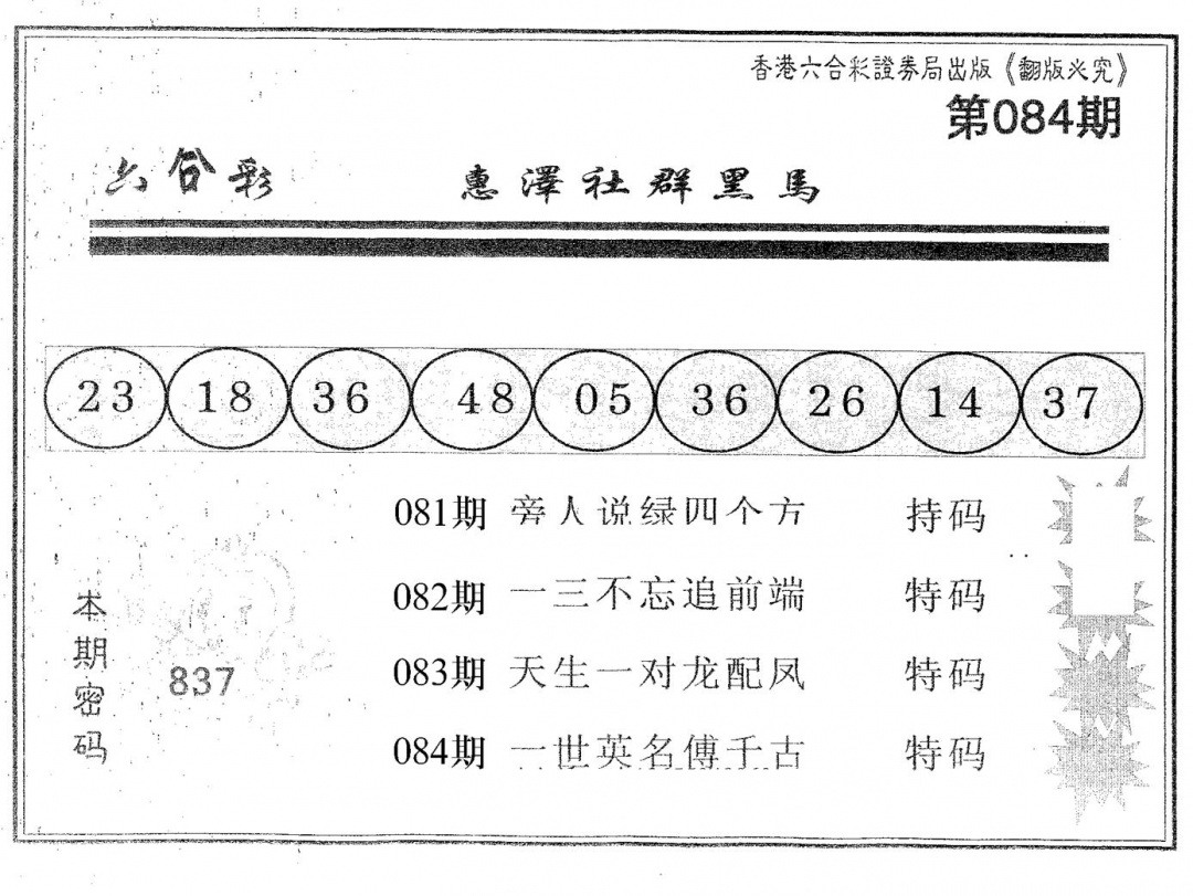 六合彩084期黑马(黑白)