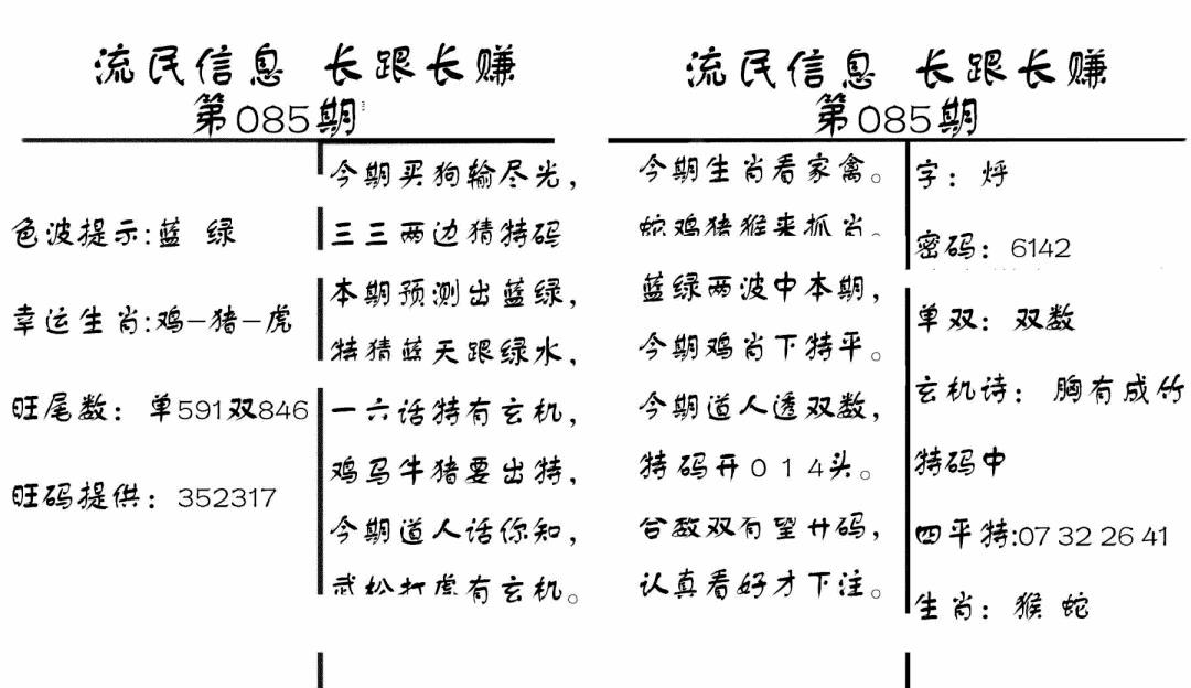六合彩085期流民信息(黑白)