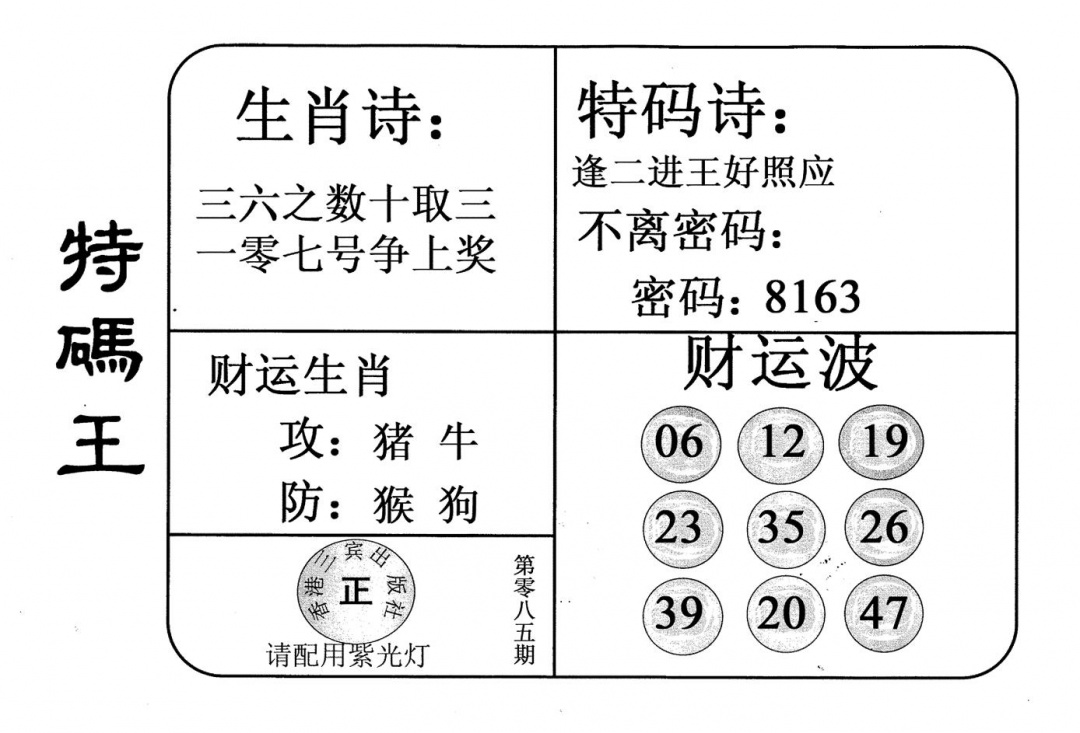 六合彩085期老版特码王(黑白)