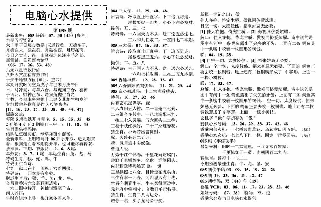 六合彩085期电脑心水(黑白)