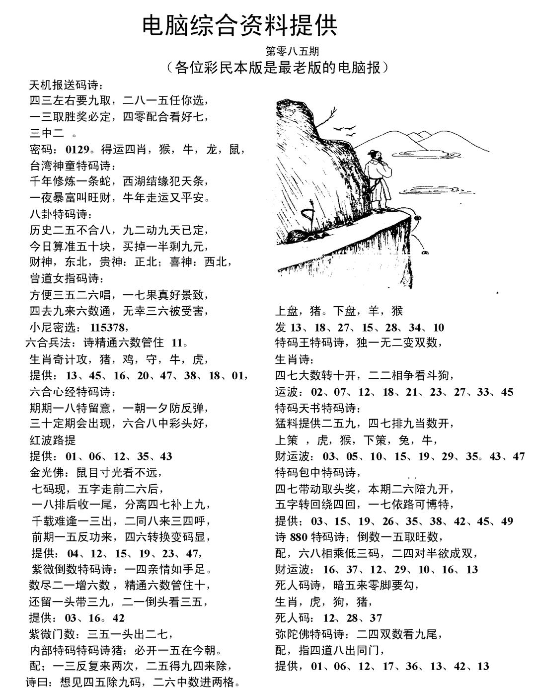 六合彩085期当日电脑综合资料C(黑白)