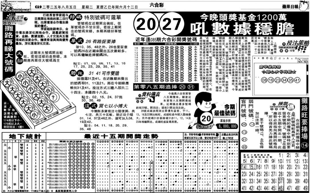 六合彩085期私作苹果报B(自决)(黑白)