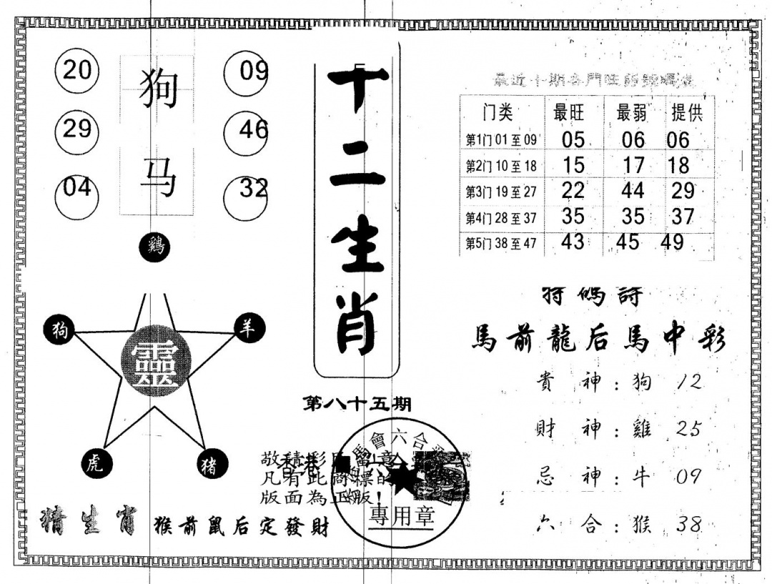 六合彩085期另版十二生肖(黑白)