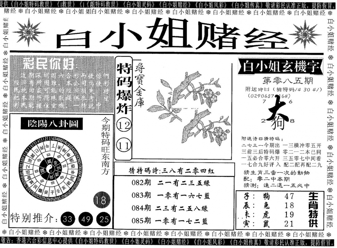 六合彩085期白姐赌经(黑白)