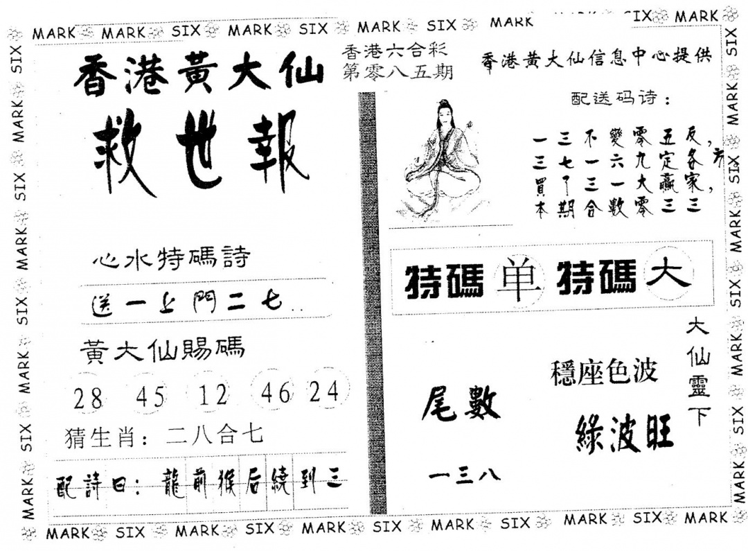 六合彩085期黄大仙救世(黑白)