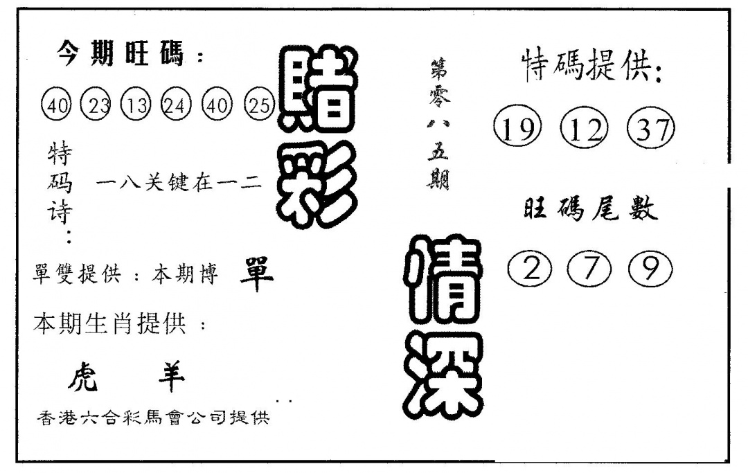 六合彩085期赌彩情深A(黑白)