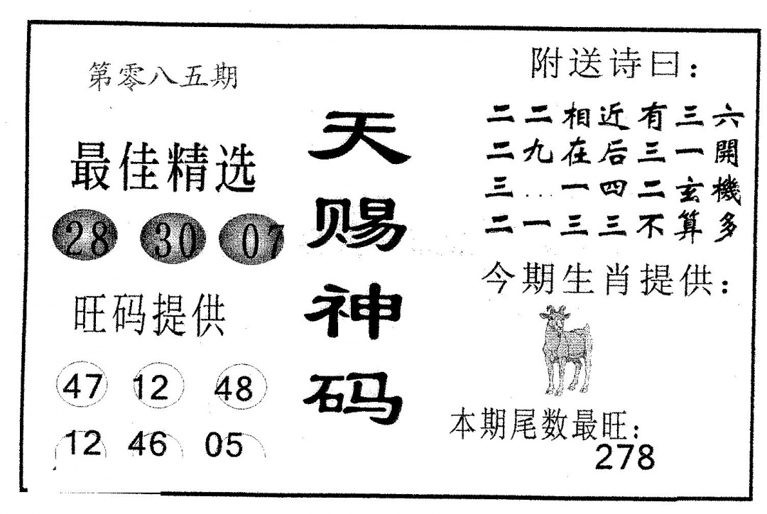 六合彩085期天赐神码(黑白)