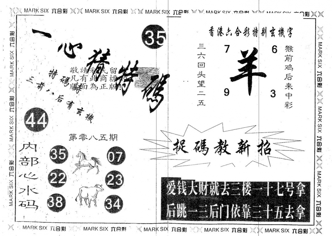 六合彩085期一心猜特码(黑白)