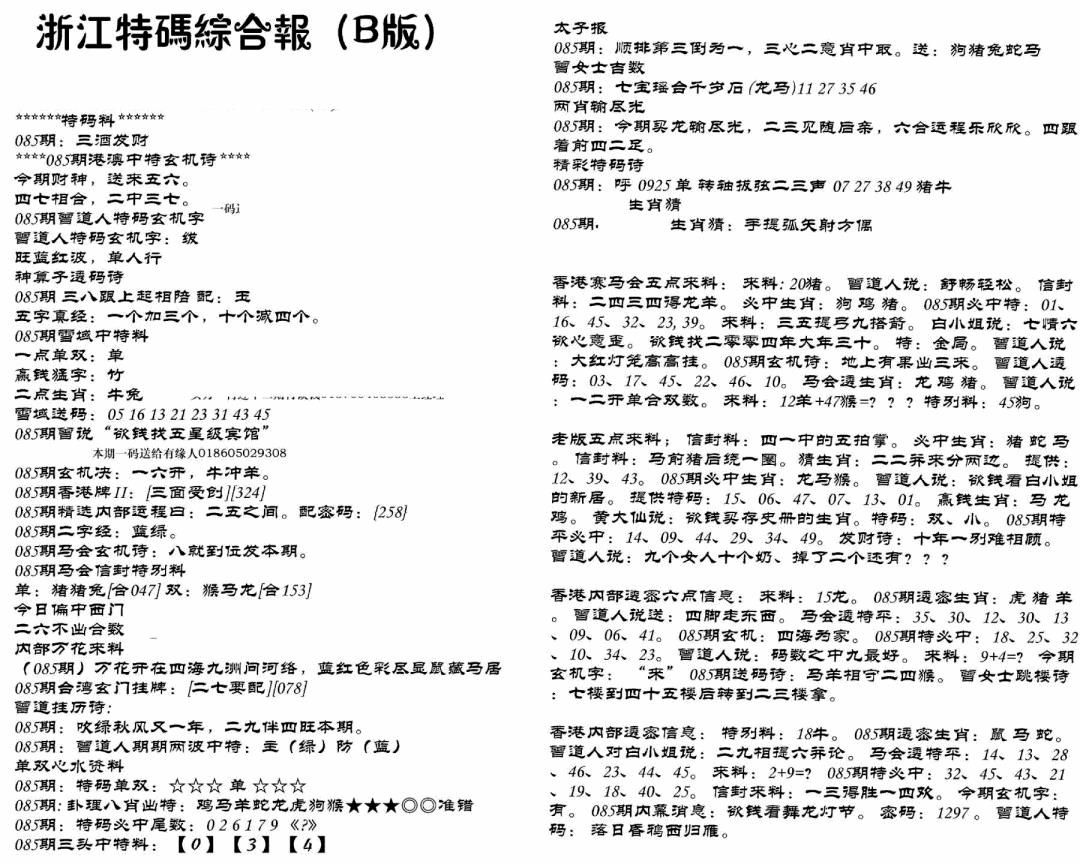 六合彩085期浙江特码综合报B(黑白)