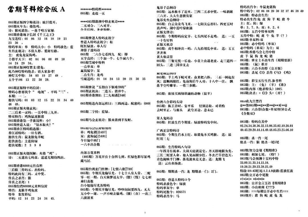 六合彩085期投资指南(黑白)