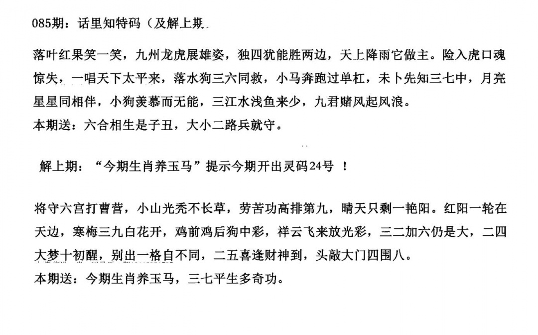 六合彩085期话里知特码(黑白)