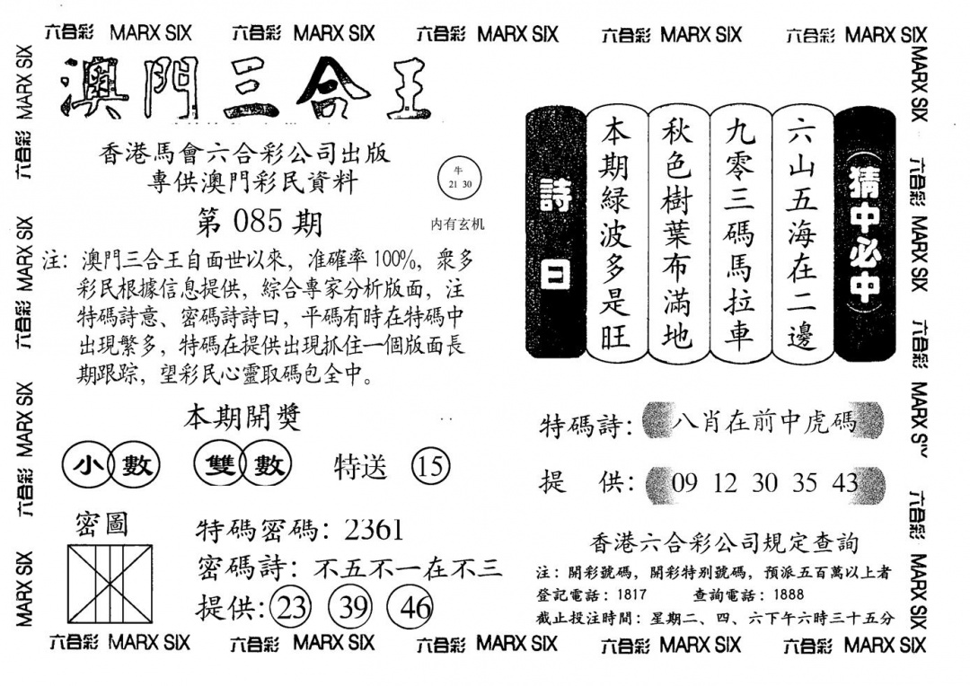 六合彩085期另澳门三合王A(黑白)