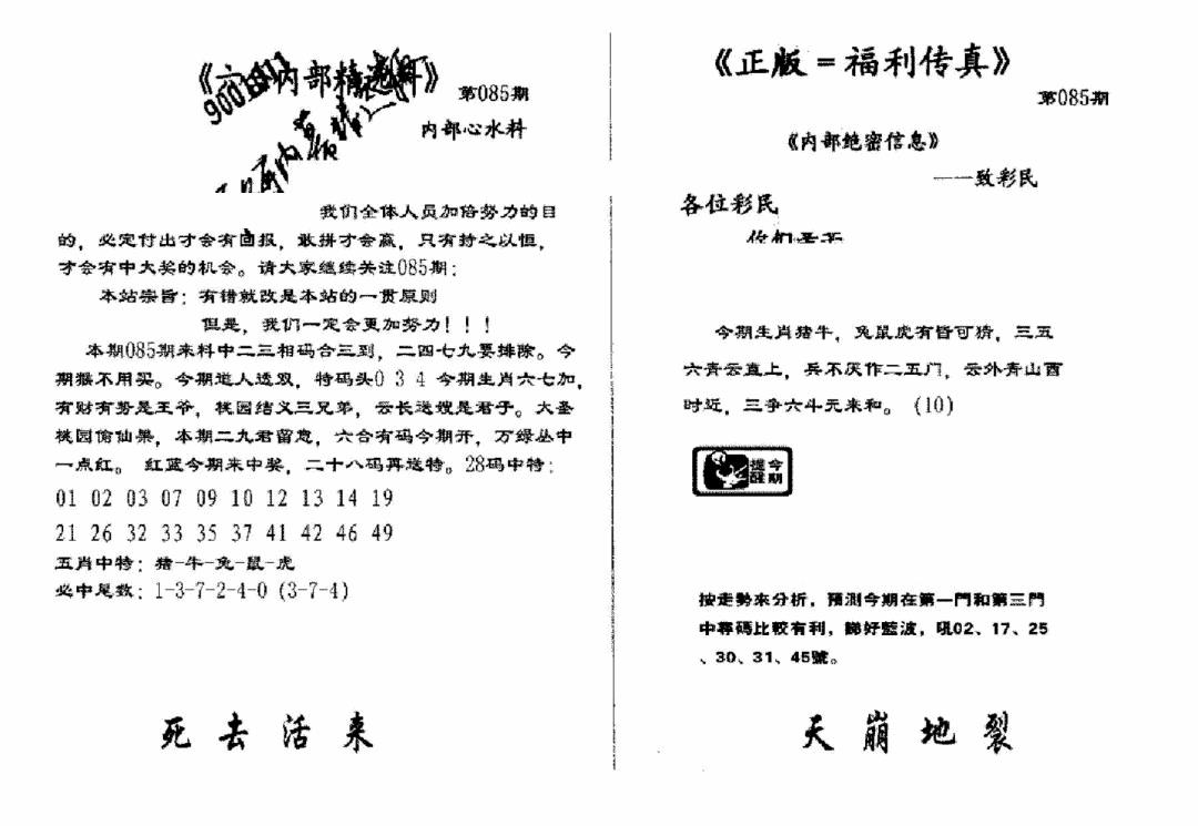 六合彩085期独家正版福利传真(新料)A(黑白)