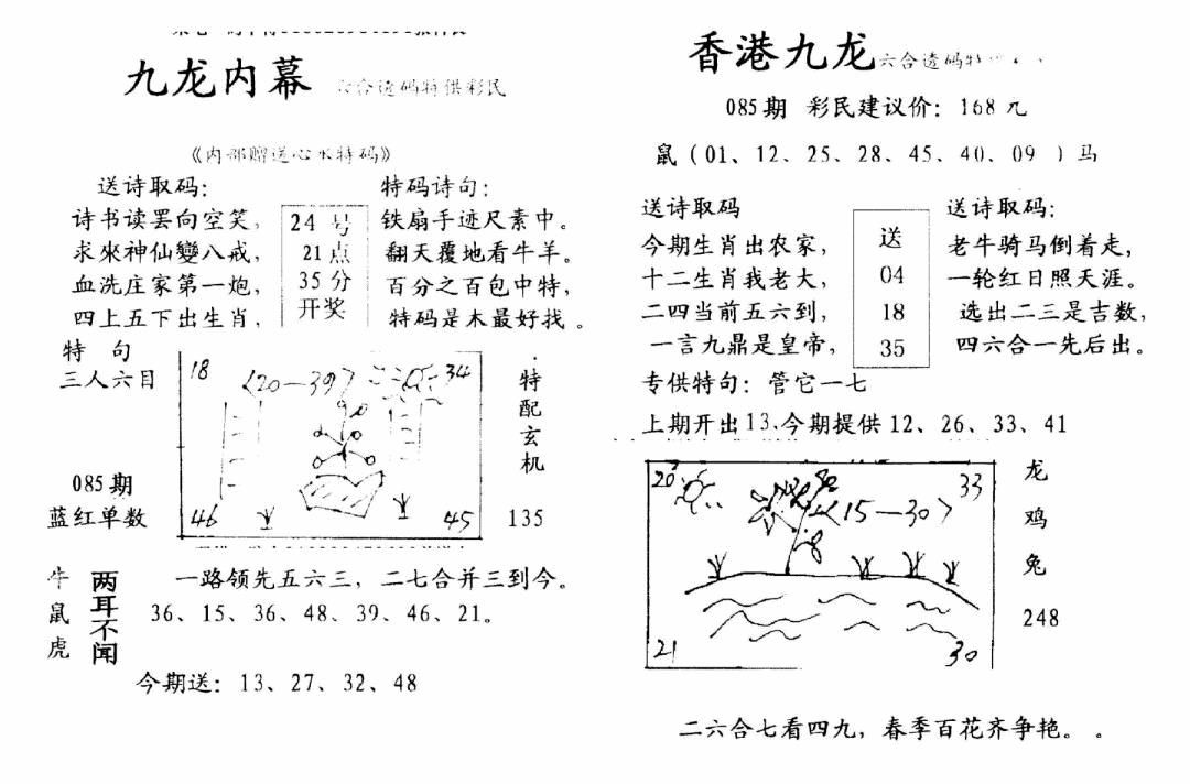六合彩085期九龙内幕-开奖报(早图)(黑白)