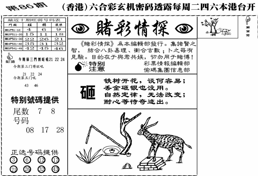 六合彩086期老版赌彩情探(黑白)
