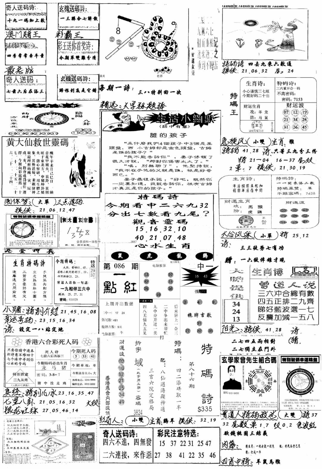 六合彩086期手写综合资料A(黑白)