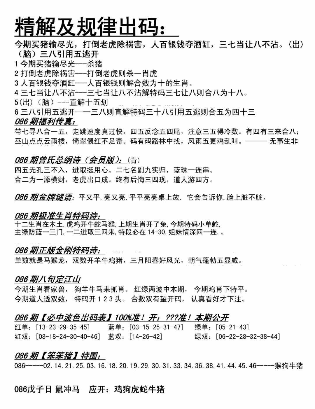 六合彩086期精解及规律出码图(黑白)