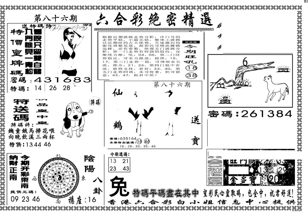 六合彩086期另版白姐绝密精选A(黑白)